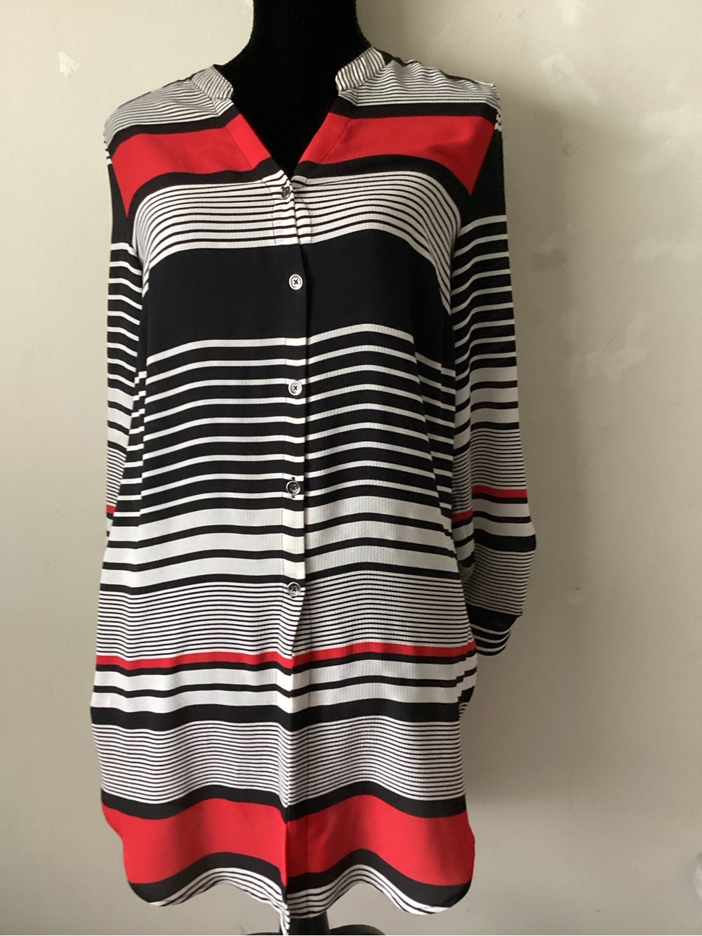 Chico's Black, White & Red Striped Button-Front Tunic